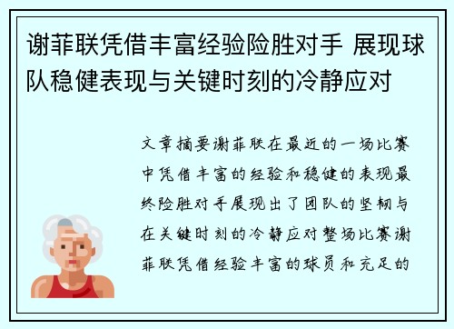 谢菲联凭借丰富经验险胜对手 展现球队稳健表现与关键时刻的冷静应对
