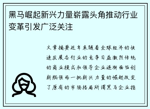 黑马崛起新兴力量崭露头角推动行业变革引发广泛关注
