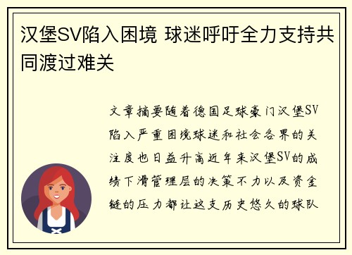 汉堡SV陷入困境 球迷呼吁全力支持共同渡过难关