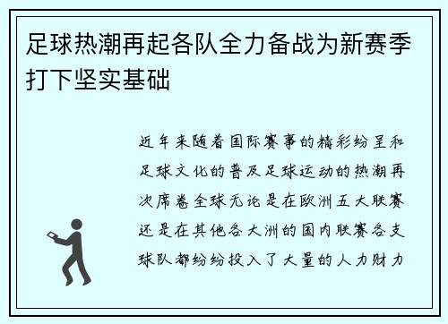 足球热潮再起各队全力备战为新赛季打下坚实基础 足球热潮再起各队全力备战为新赛季打下坚实基础